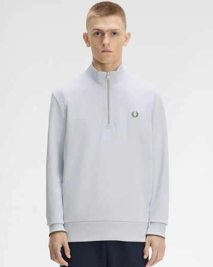 Fred Perry Mens Half Zip Sweatshirt - Dusky Blue/Ecru/Laurel Wreath Green 80B | CHO | Designer Mens Sweatshirts