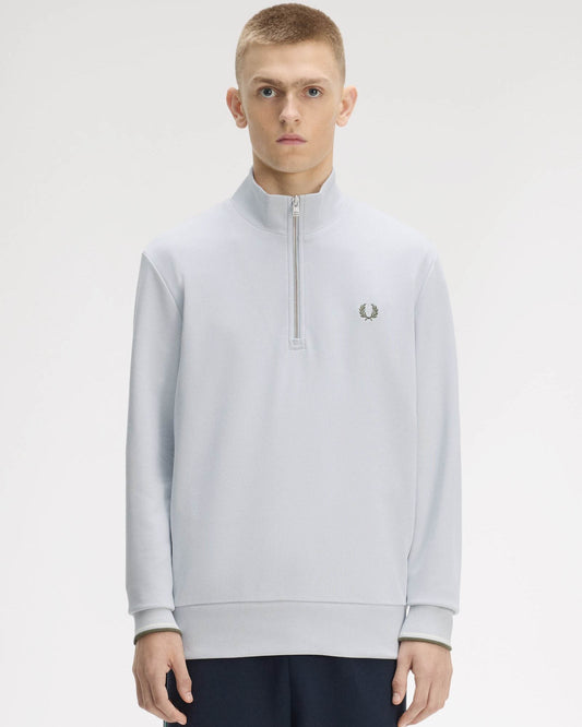 Fred Perry Mens Half Zip Sweatshirt - Dusky Blue/Ecru/Laurel Wreath Green 80B | CHO | Designer Mens Sweatshirts