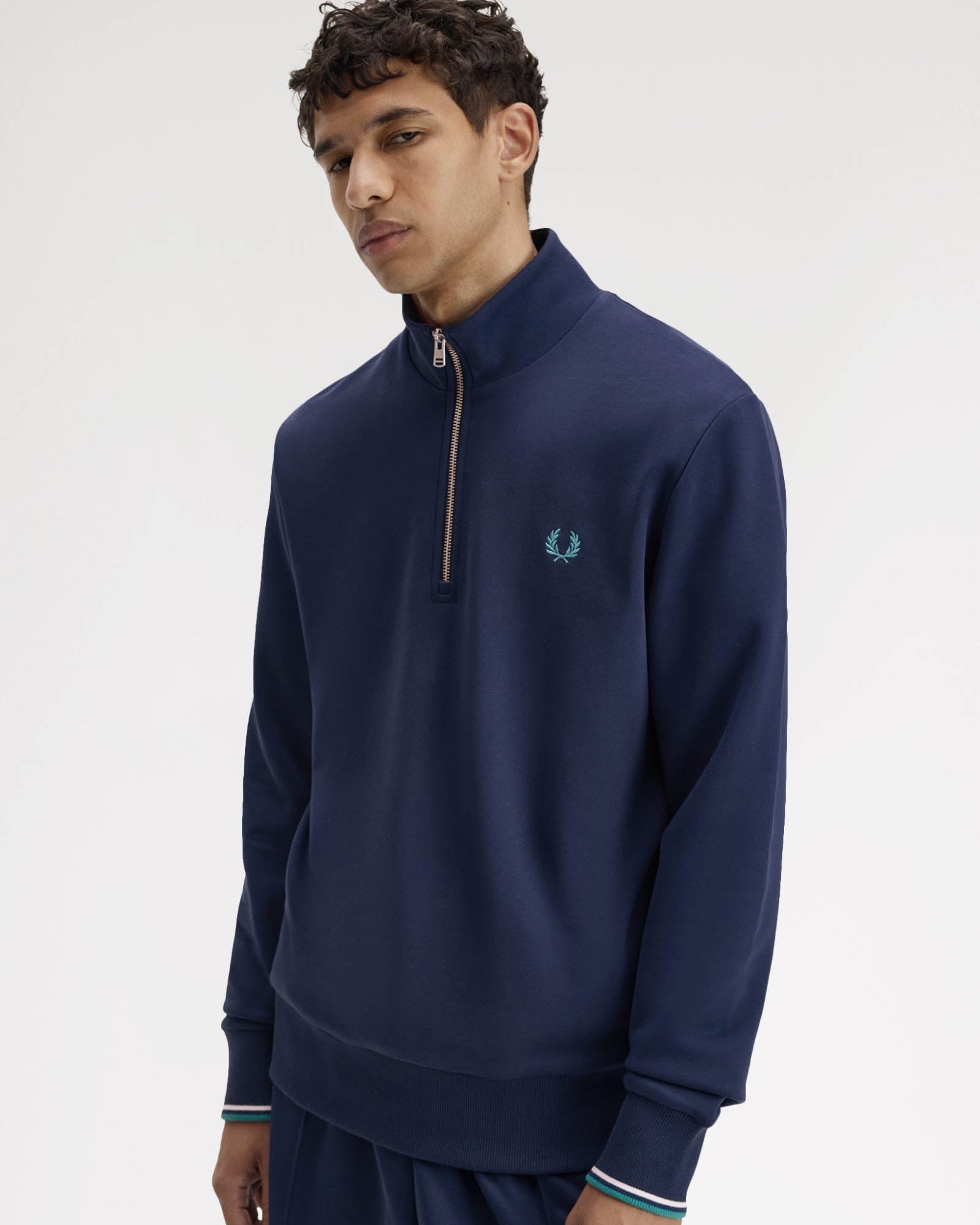 Fred Perry Mens Half Zip Sweatshirt - Tennis Blue/Snow White/Deep Mint 86A | CHO | Designer Mens Sweatshirts