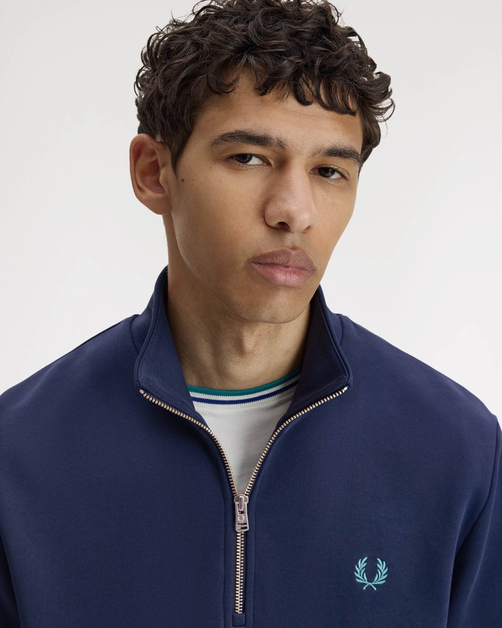 Fred Perry Mens Half Zip Sweatshirt - Tennis Blue/Snow White/Deep Mint 86A | CHO | Designer Mens Sweatshirts