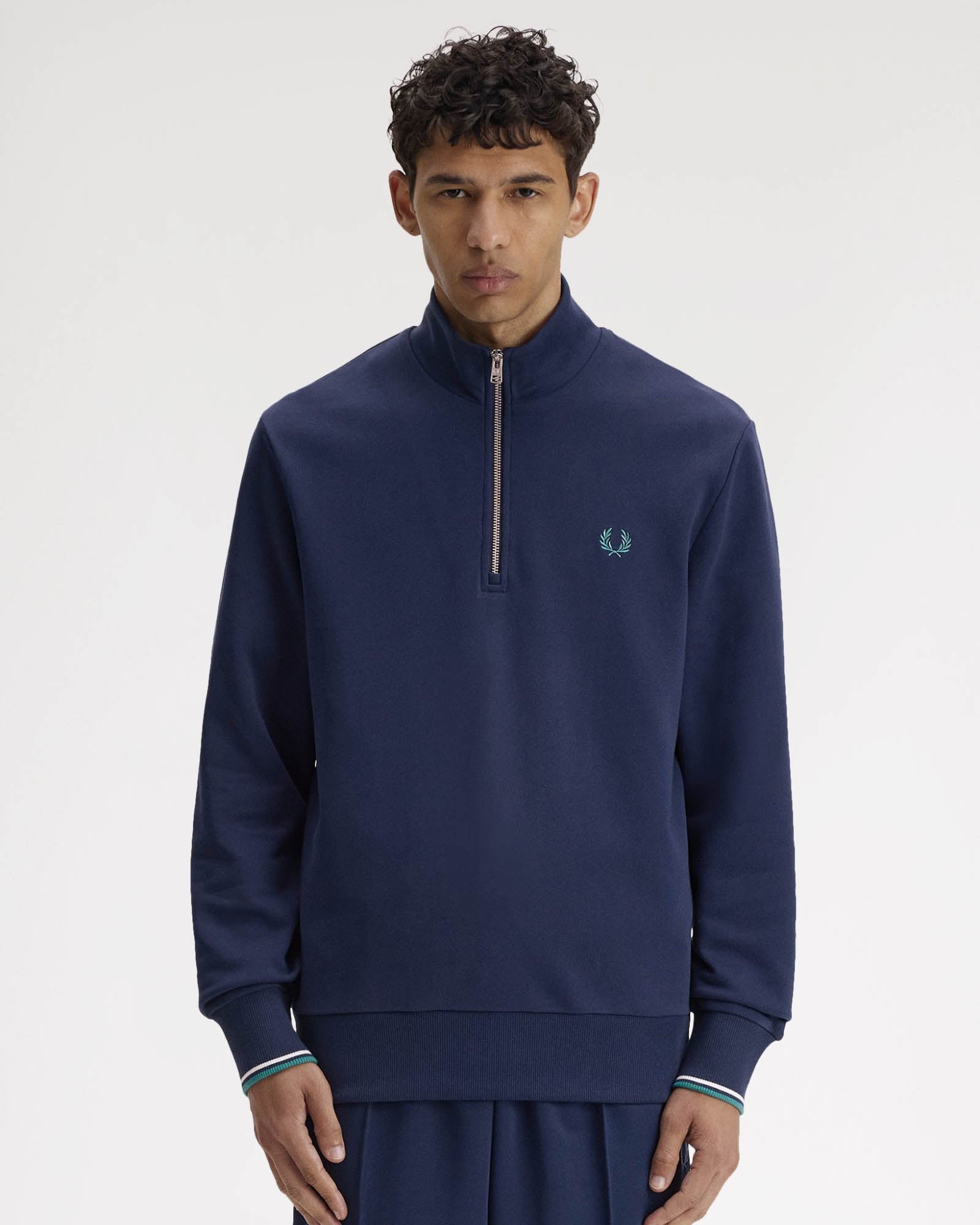 Fred Perry Mens Half Zip Sweatshirt - Tennis Blue/Snow White/Deep Mint 86A | CHO | Designer Mens Sweatshirts