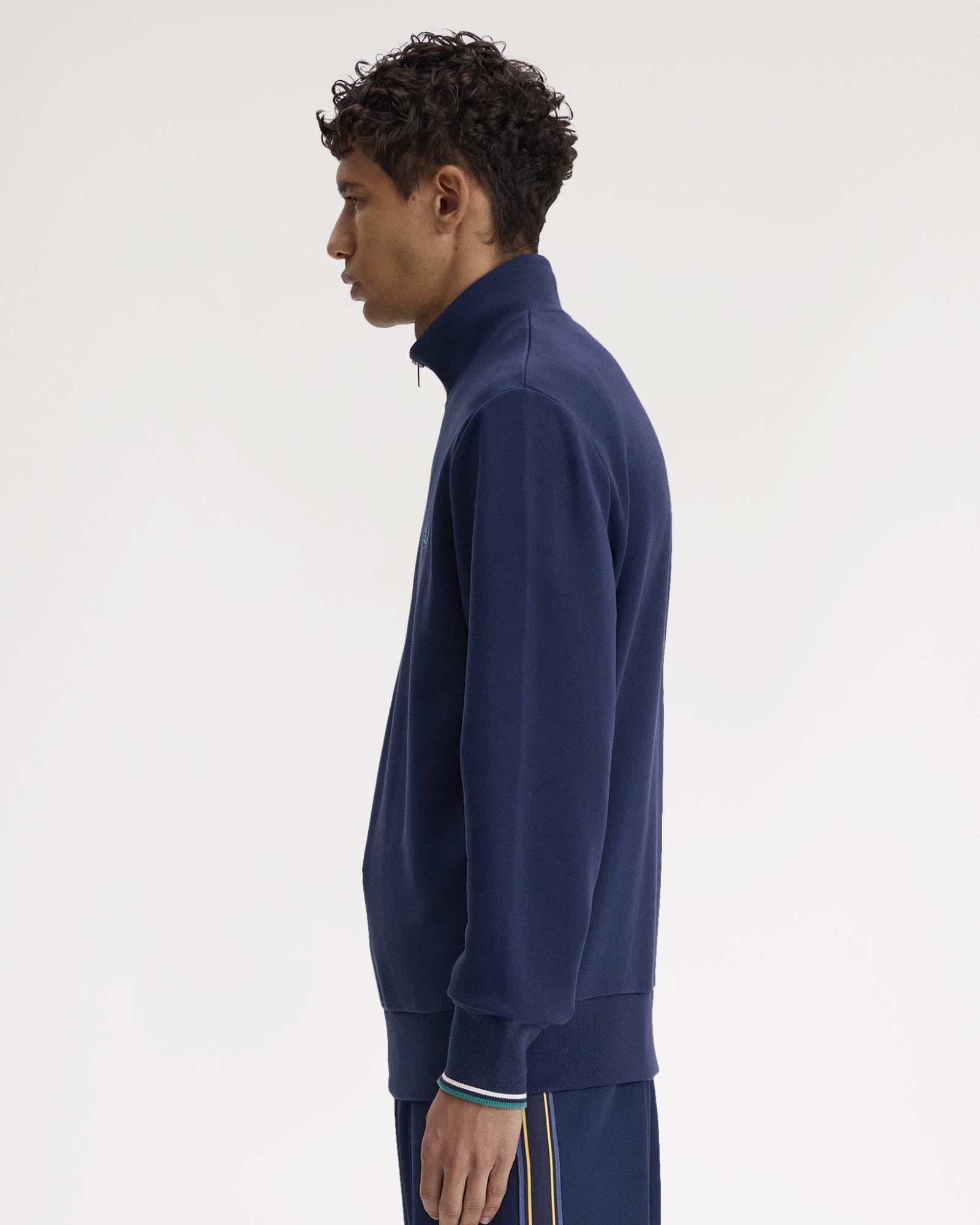Fred Perry Mens Half Zip Sweatshirt - Tennis Blue/Snow White/Deep Mint 86A | CHO | Designer Mens Sweatshirts