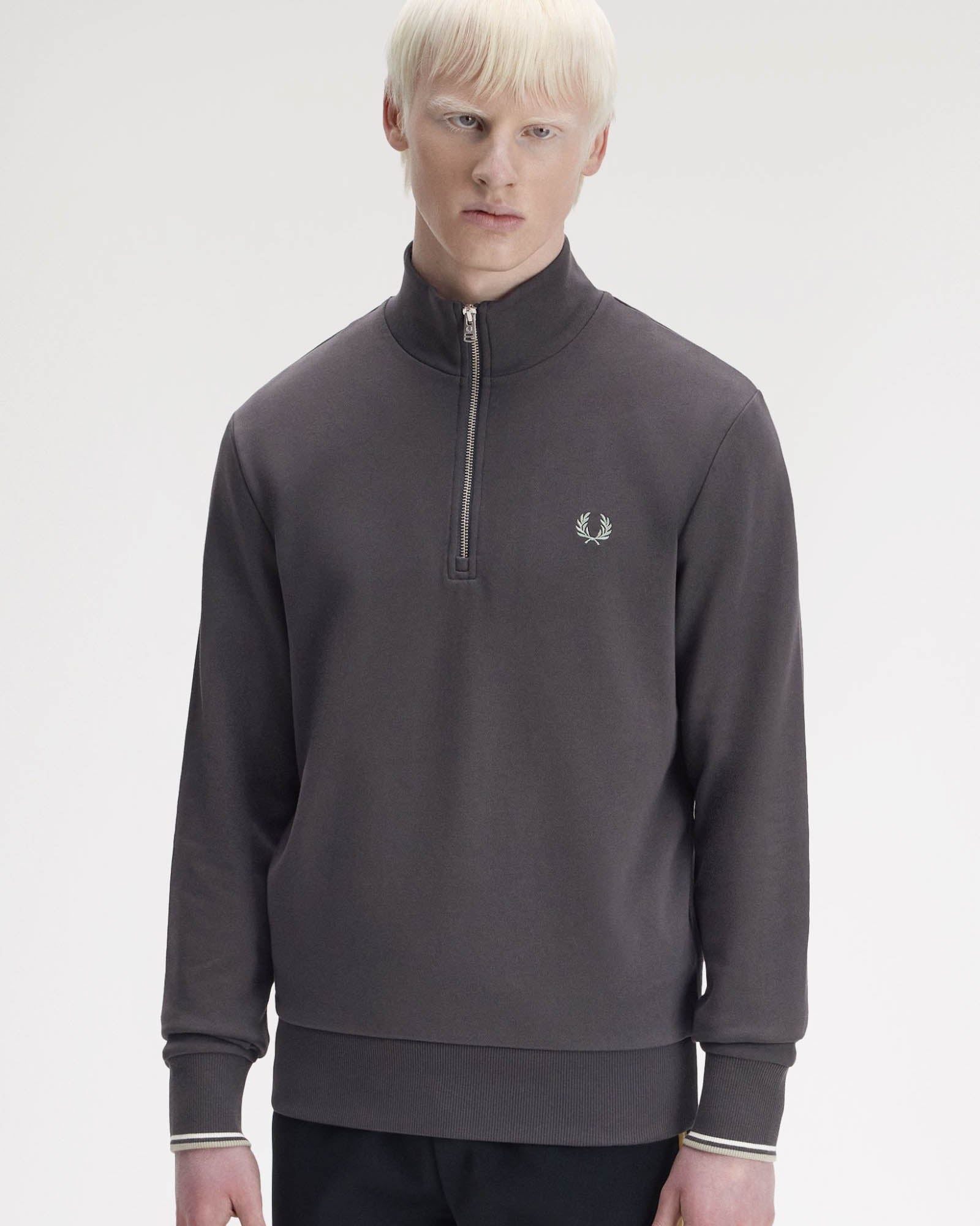 Fred Perry Mens Half Zip Sweatshirt - Anchor Grey/Ecru/Seagrass 87A | CHO | Designer Mens Sweatshirts