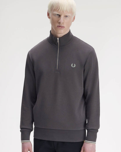 Fred Perry Mens Half Zip Sweatshirt - Anchor Grey/Ecru/Seagrass 87A | CHO | Designer Mens Sweatshirts