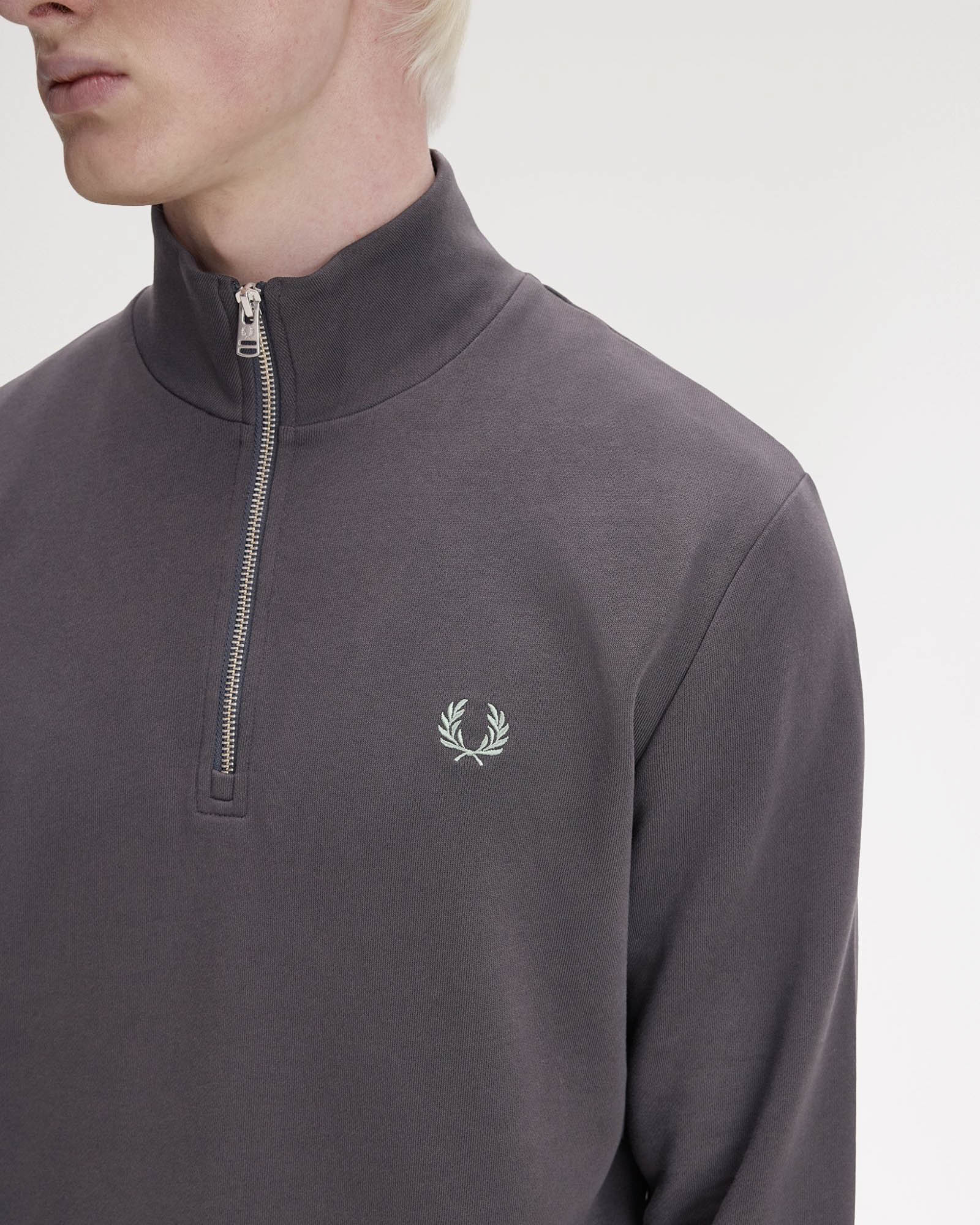 Fred Perry Mens Half Zip Sweatshirt - Anchor Grey/Ecru/Seagrass 87A | CHO | Designer Mens Sweatshirts