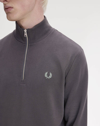 Fred Perry Mens Half Zip Sweatshirt - Anchor Grey/Ecru/Seagrass 87A | CHO | Designer Mens Sweatshirts