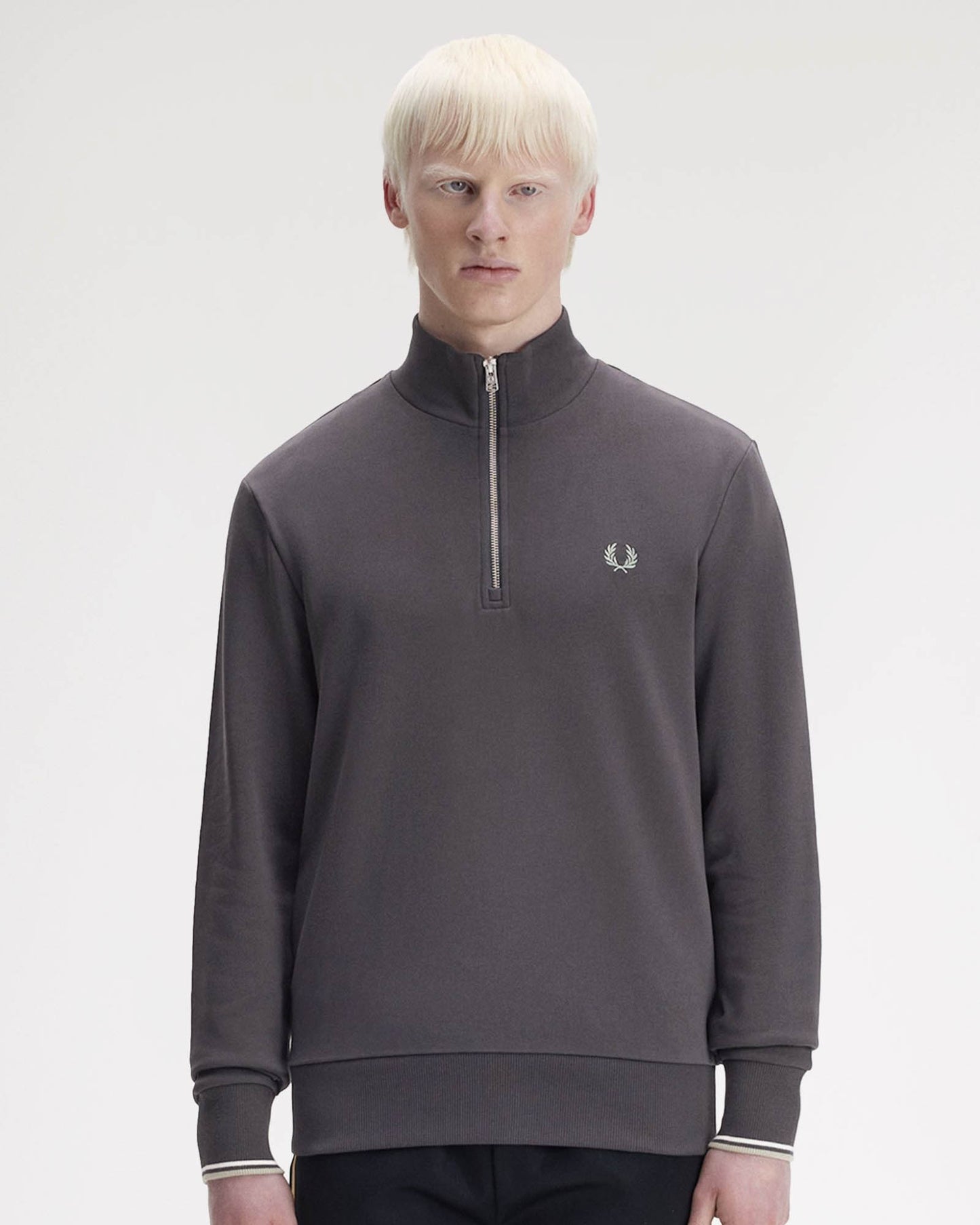 Fred Perry Mens Half Zip Sweatshirt - Anchor Grey/Ecru/Seagrass 87A | CHO | Designer Mens Sweatshirts
