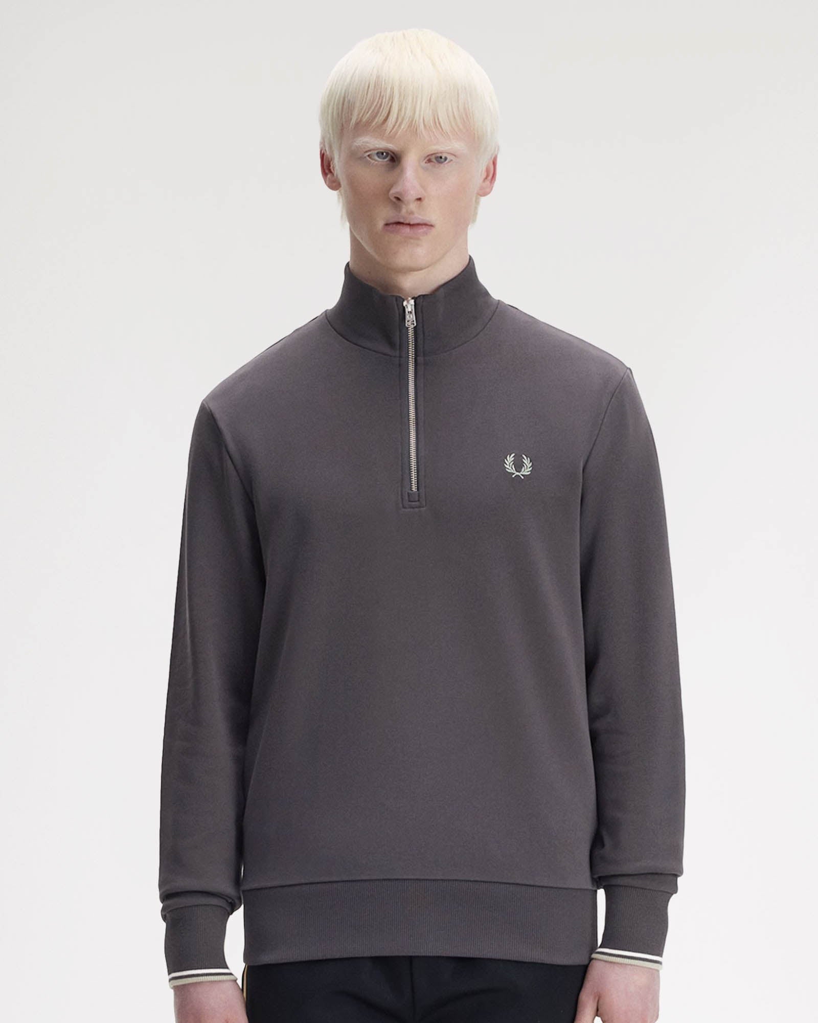 Fred Perry Mens Half Zip Sweatshirt - Anchor Grey/Ecru/Seagrass 87A | CHO | Designer Mens Sweatshirts