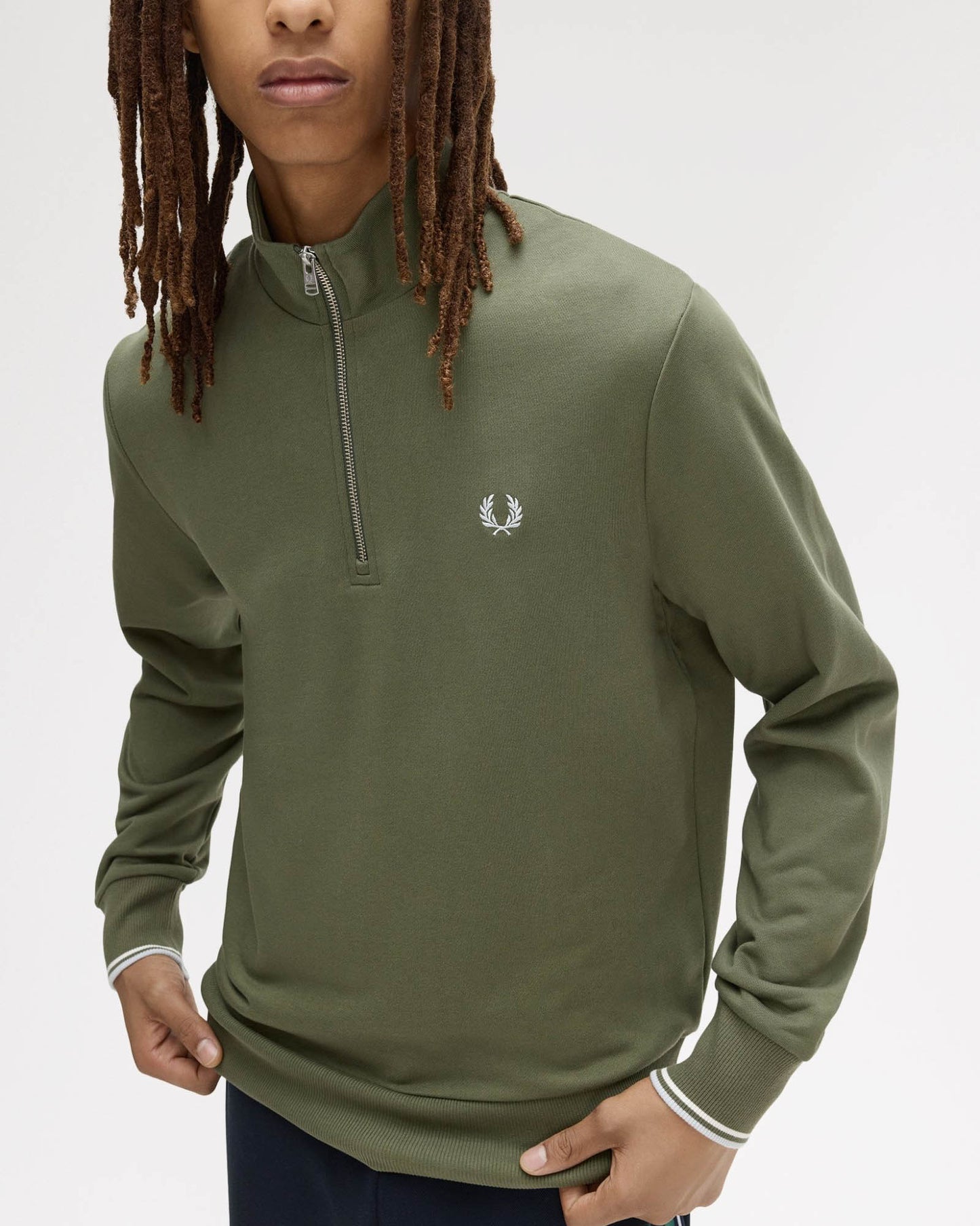 Fred Perry Mens Half Zip Sweatshirt - Laurel Wreath Green/Ecru/Dusky Blue 87B | CHO | Designer Mens Sweatshirts