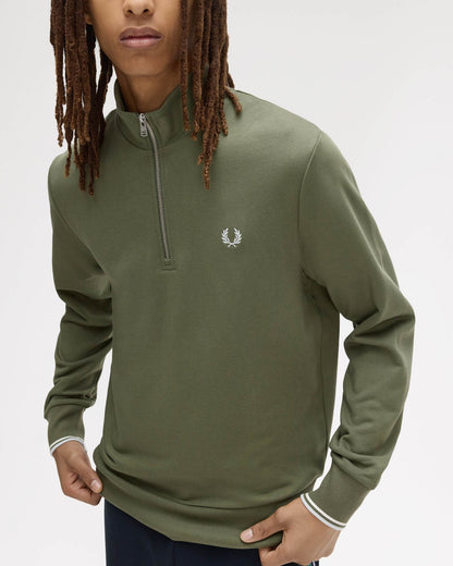Fred Perry Mens Half Zip Sweatshirt - Laurel Wreath Green/Ecru/Dusky Blue 87B | CHO | Designer Mens Sweatshirts