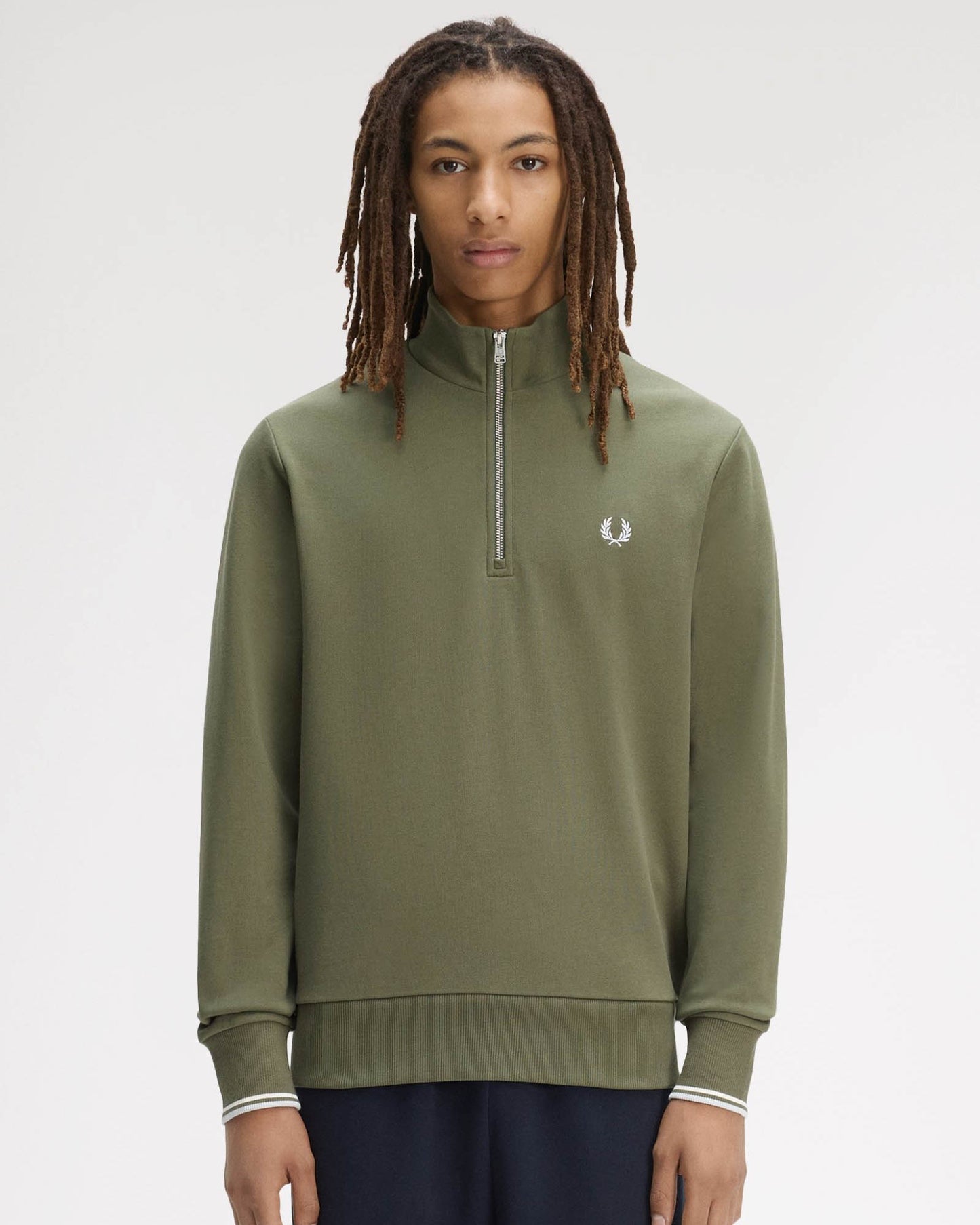 Fred Perry Mens Half Zip Sweatshirt - Laurel Wreath Green/Ecru/Dusky Blue 87B | CHO | Designer Mens Sweatshirts