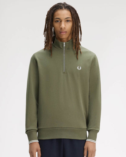 Fred Perry Mens Half Zip Sweatshirt - Laurel Wreath Green/Ecru/Dusky Blue 87B | CHO | Designer Mens Sweatshirts