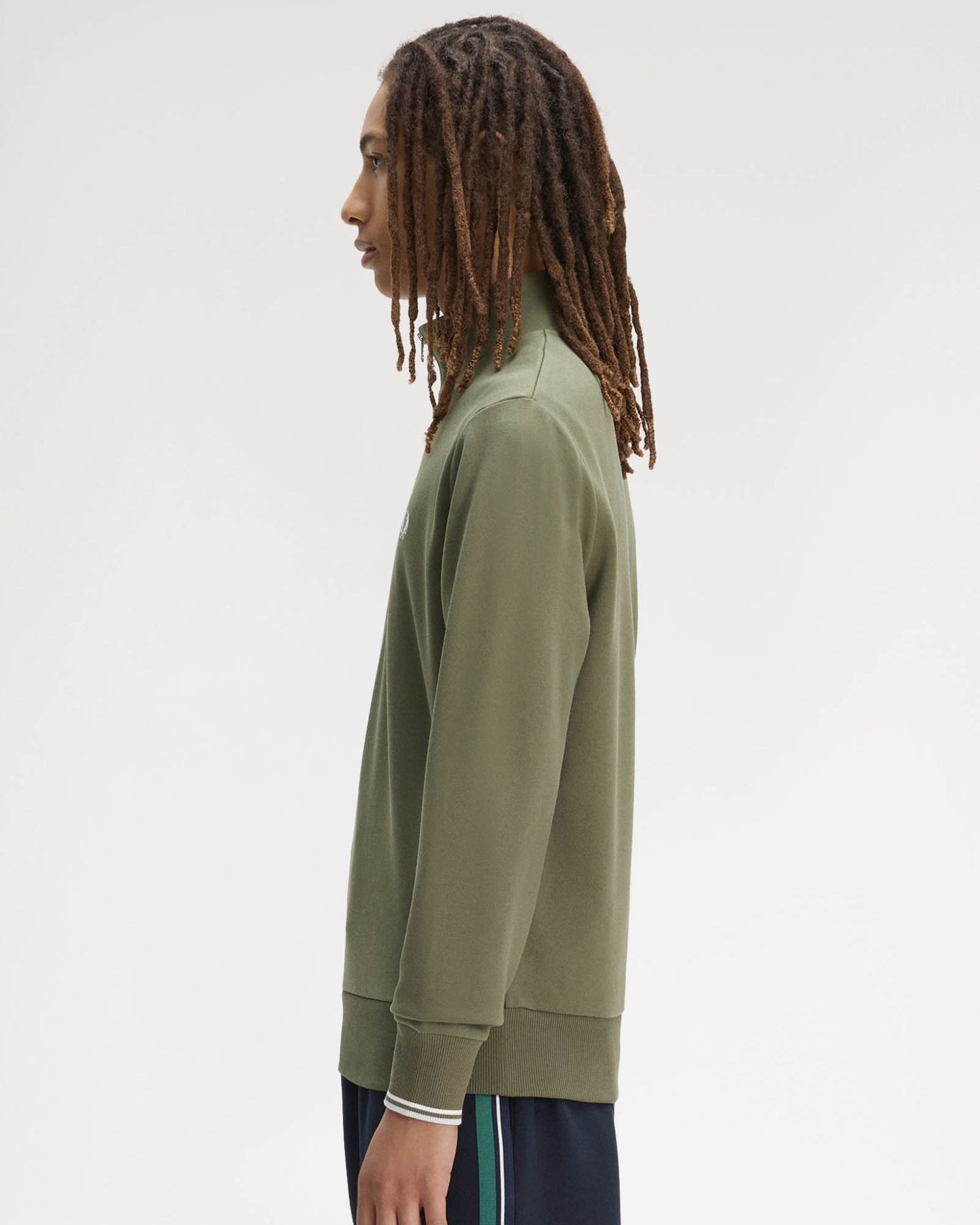 Fred Perry Mens Half Zip Sweatshirt - Laurel Wreath Green/Ecru/Dusky Blue 87B | CHO | Designer Mens Sweatshirts
