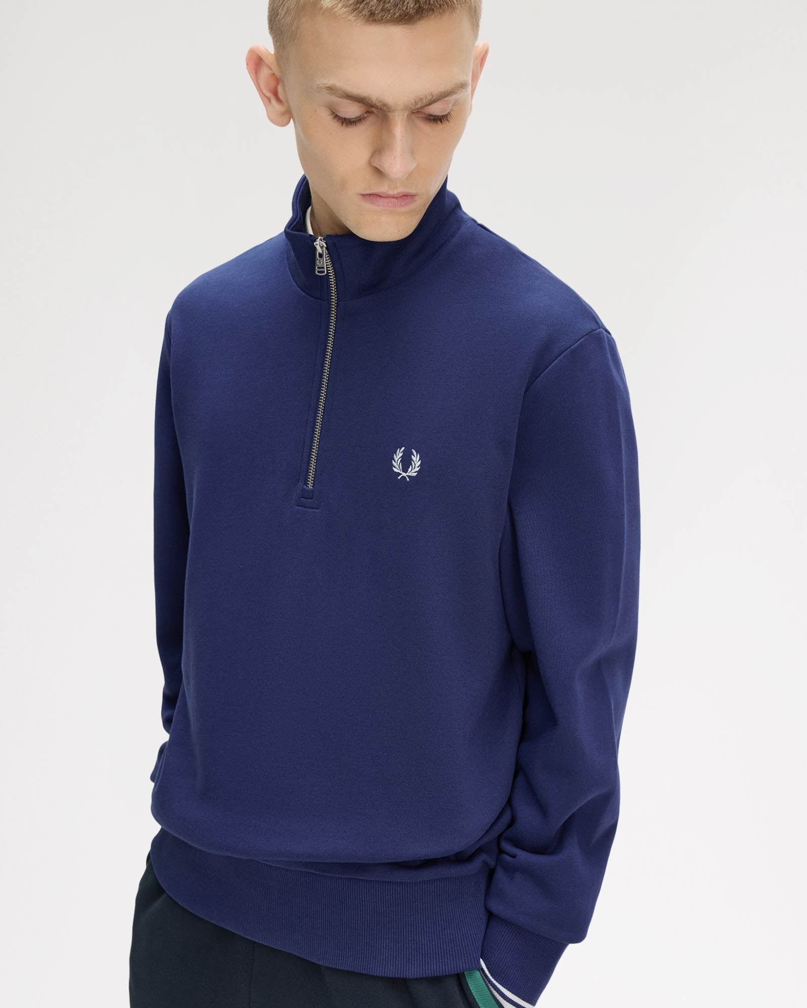 Fred Perry Mens Half Zip Sweatshirt - French Navy/Dusky Blue/Dusky Blue 93B | CHO | Designer Mens Sweatshirts
