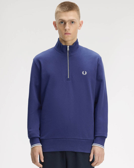 Fred Perry Mens Half Zip Sweatshirt - French Navy/Dusky Blue/Dusky Blue 93B | CHO | Designer Mens Sweatshirts