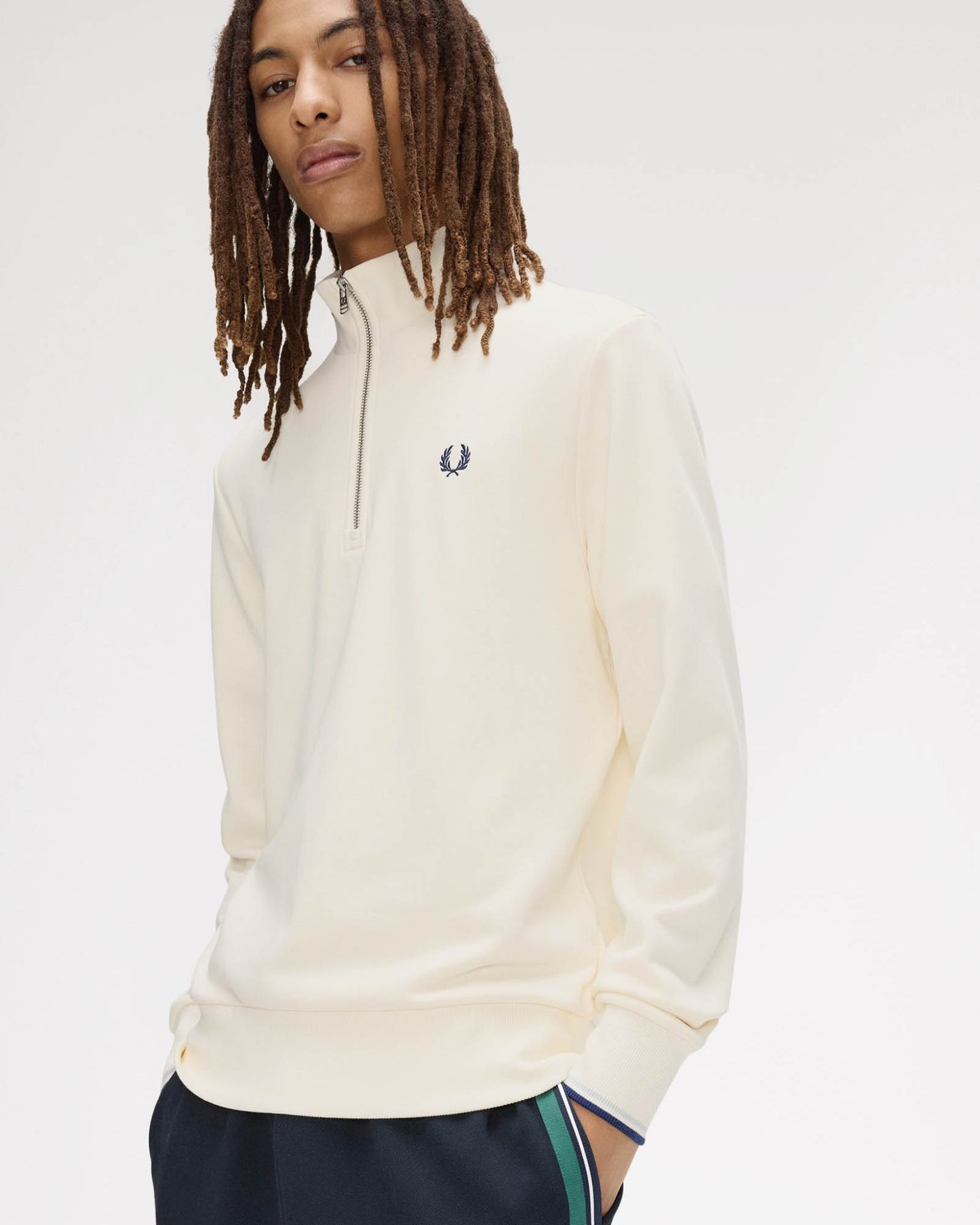 Fred Perry Mens Half Zip Sweatshirt - Ecru/Dusky Blue/French Navy 94B | CHO | Designer Mens Sweatshirts