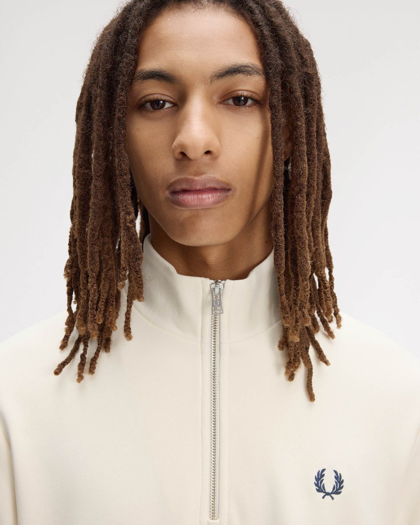 Fred Perry Mens Half Zip Sweatshirt - Ecru/Dusky Blue/French Navy 94B | CHO | Designer Mens Sweatshirts