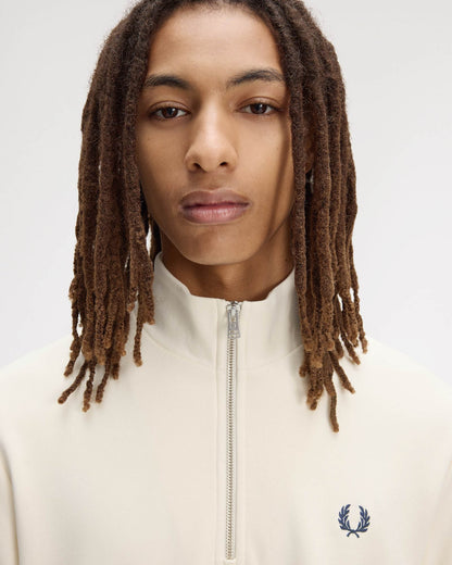 Fred Perry Mens Half Zip Sweatshirt - Ecru/Dusky Blue/French Navy 94B | CHO | Designer Mens Sweatshirts