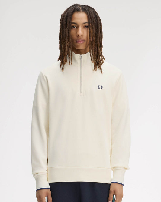 Fred Perry Mens Half Zip Sweatshirt - Ecru/Dusky Blue/French Navy 94B | CHO | Designer Mens Sweatshirts