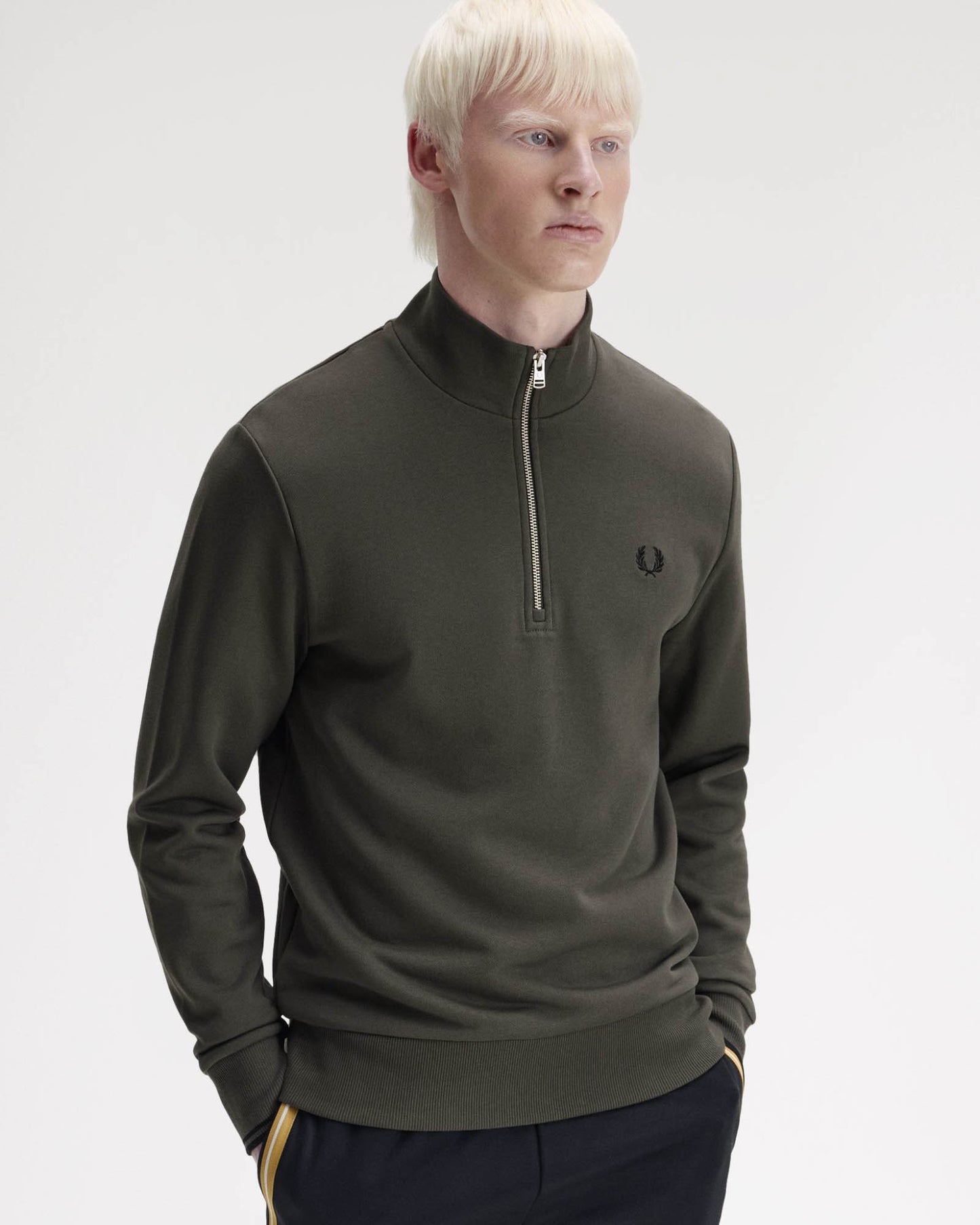 Fred Perry Mens Half Zip Sweatshirt - Field Green/Black U70 | CHO | Designer Mens Sweatshirts