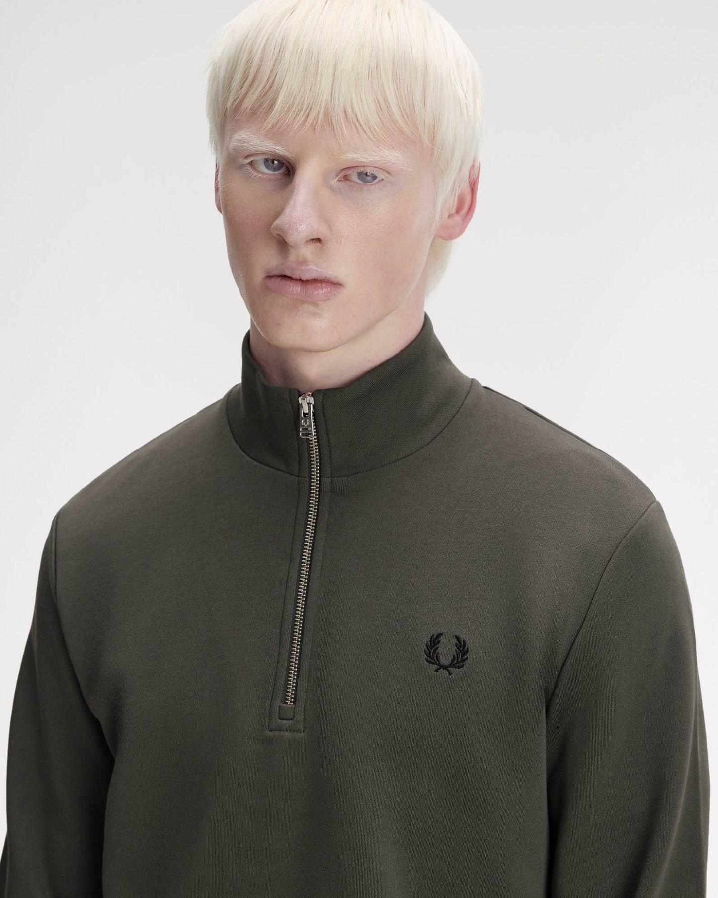 Fred Perry Mens Half Zip Sweatshirt - Field Green/Black U70 | CHO | Designer Mens Sweatshirts