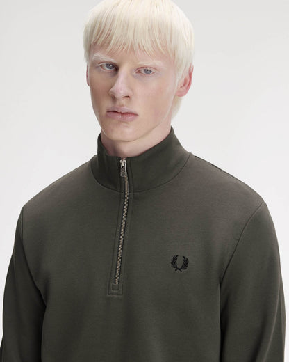 Fred Perry Mens Half Zip Sweatshirt - Field Green/Black U70 | CHO | Designer Mens Sweatshirts