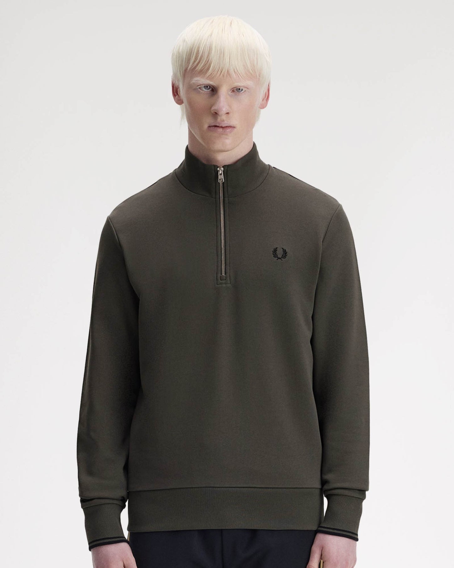 Fred Perry Mens Half Zip Sweatshirt - Field Green/Black U70 | CHO | Designer Mens Sweatshirts