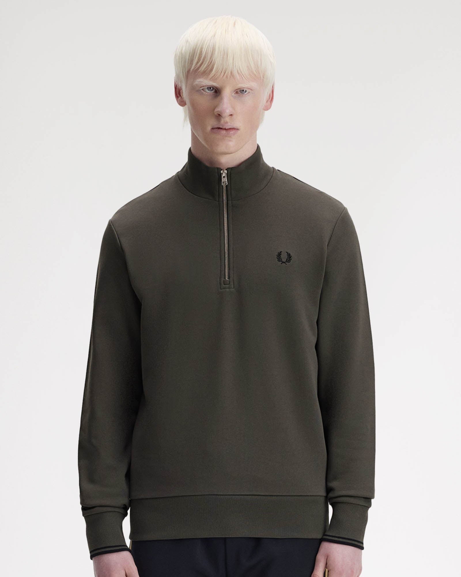 Fred Perry Mens Half Zip Sweatshirt - Field Green/Black U70 | CHO | Designer Mens Sweatshirts