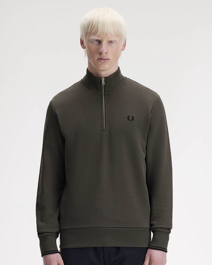 Fred Perry Mens Half Zip Sweatshirt - Field Green/Black U70 | CHO | Designer Mens Sweatshirts