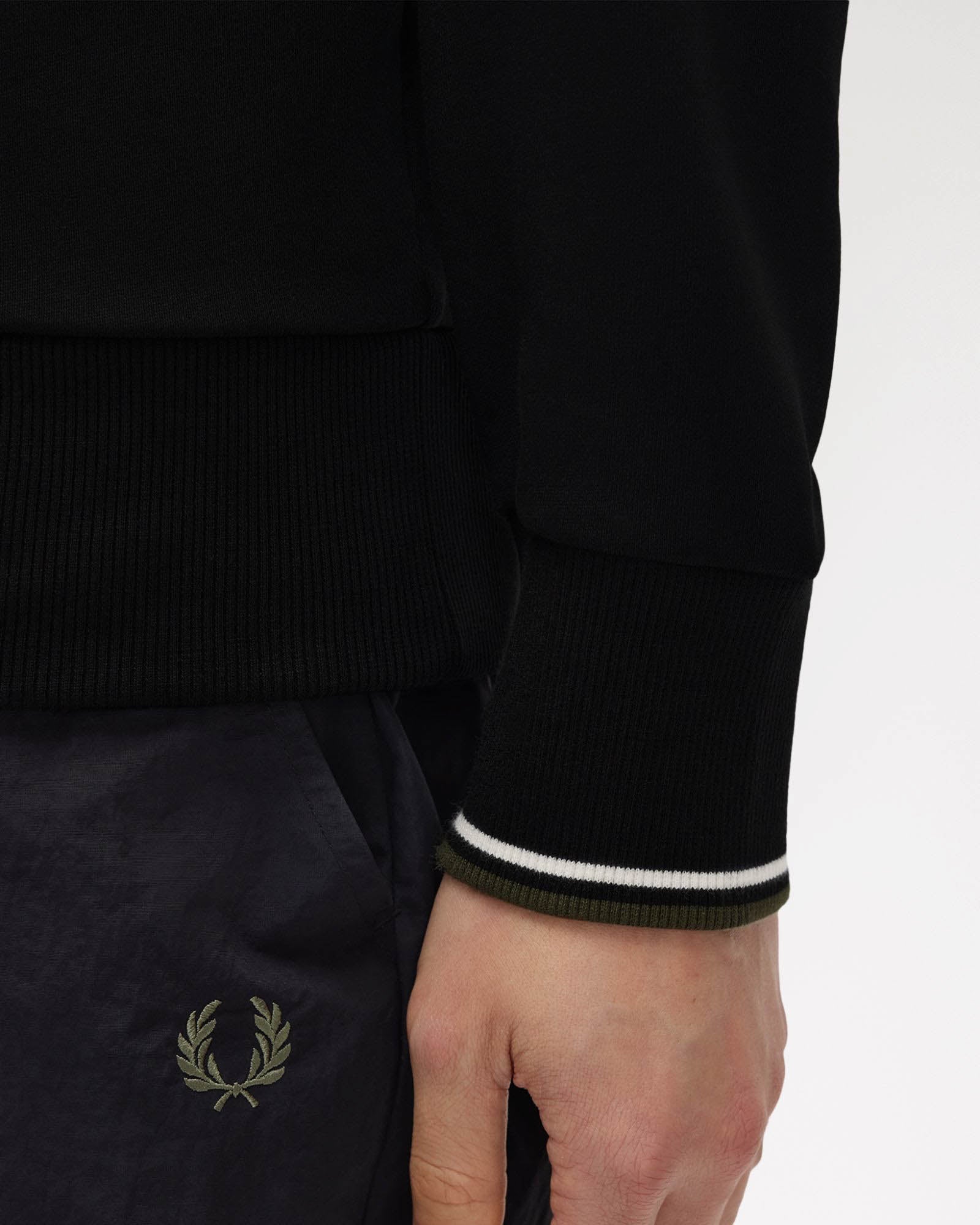 Fred Perry Mens Half Zip Sweatshirt - Black/Ecru/Laurel Wreath Green W54 cuff detail