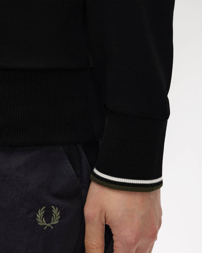 Fred Perry Mens Half Zip Sweatshirt - Black/Ecru/Laurel Wreath Green W54 cuff detail
