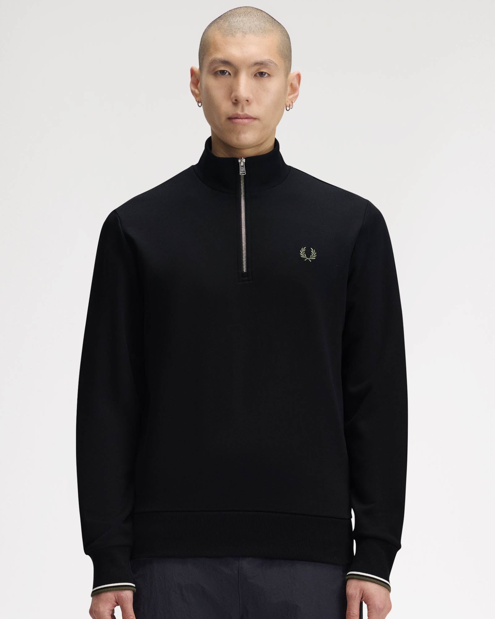 Fred Perry Mens Half Zip Sweatshirt - Black/Ecru/Laurel Wreath Green W54 front