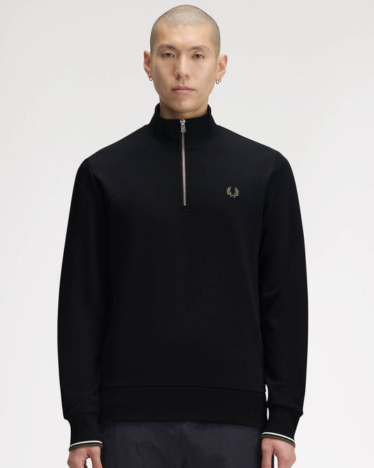 Fred Perry Mens Half Zip Sweatshirt - Black/Ecru/Laurel Wreath Green W54 front