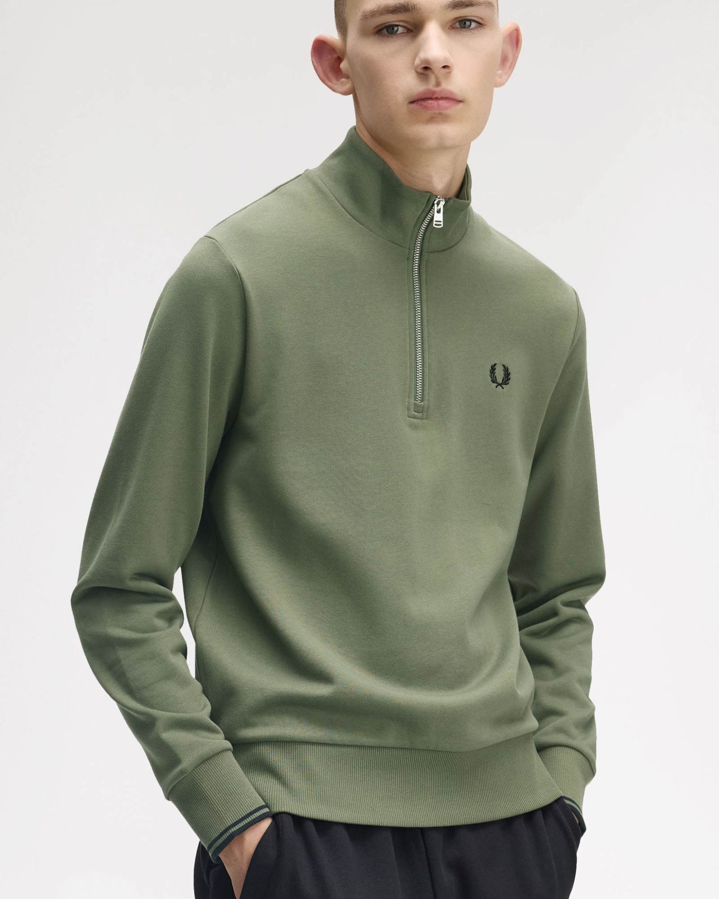 Fred Perry Mens Half Zip Sweatshirt - Laurel Wreath Green/Black/Black Z50