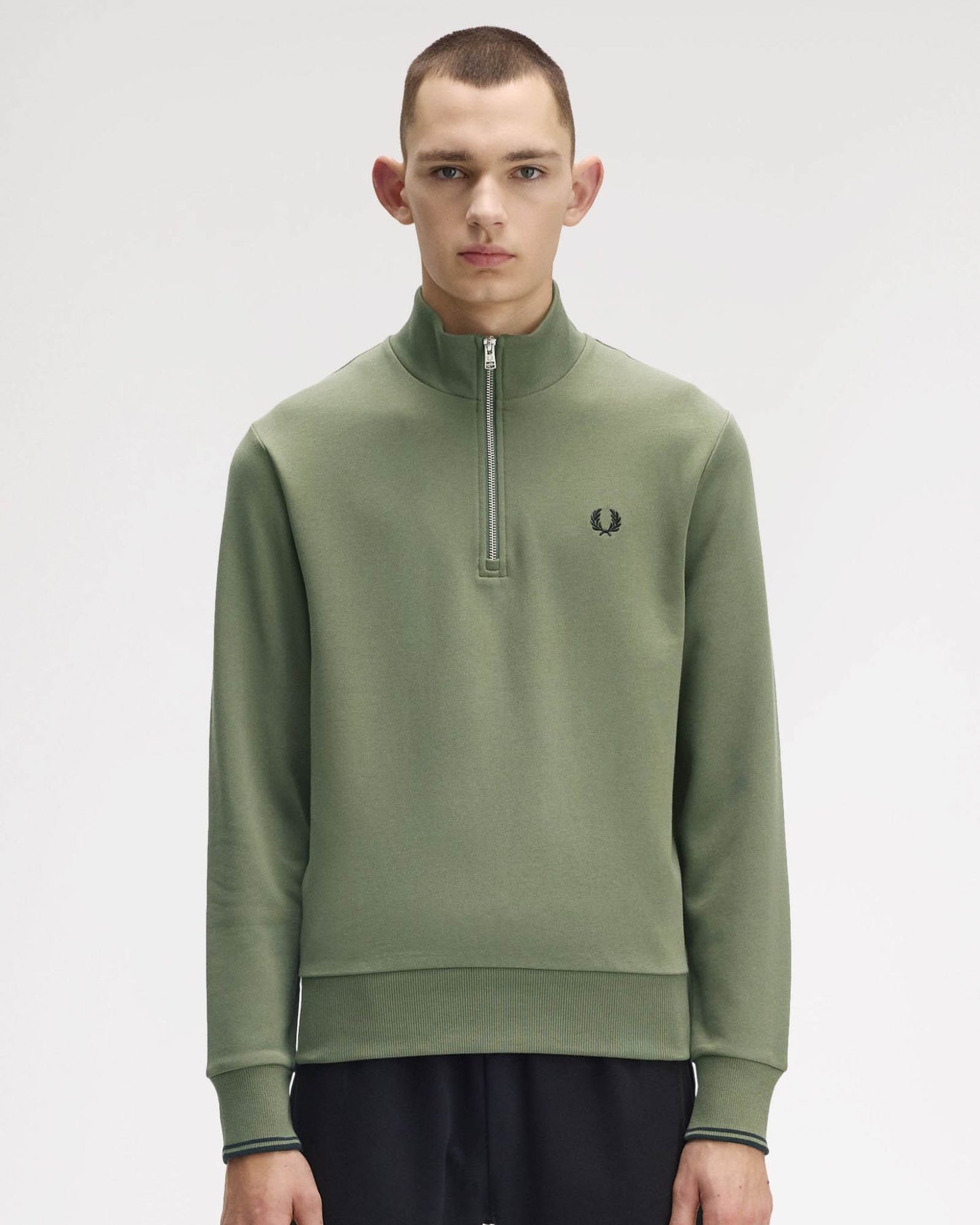 Fred Perry Mens Half Zip Sweatshirt - Laurel Wreath Green/Black/Black Z50