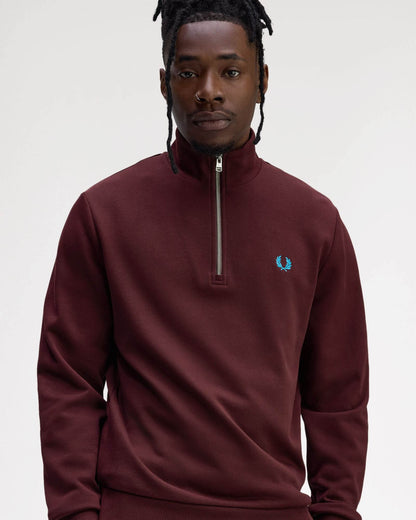 Fred Perry Mens Half Zip Sweatshirt - Oxblood/Ecru/Court Blue Z63