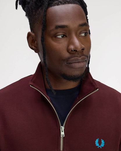 Fred Perry Mens Half Zip Sweatshirt - Oxblood/Ecru/Court Blue Z63