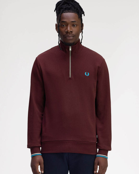 Fred Perry Mens Half Zip Sweatshirt - Oxblood/Ecru/Court Blue Z63