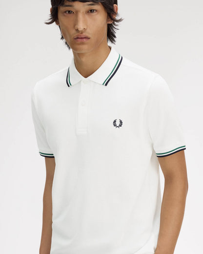 Fred Perry Mens Twin Tipped Signature Polo Shirt - Snow White/Sports Green/Navy 02C | CHO | Designer Mens Short Sleeve Polo Shirts