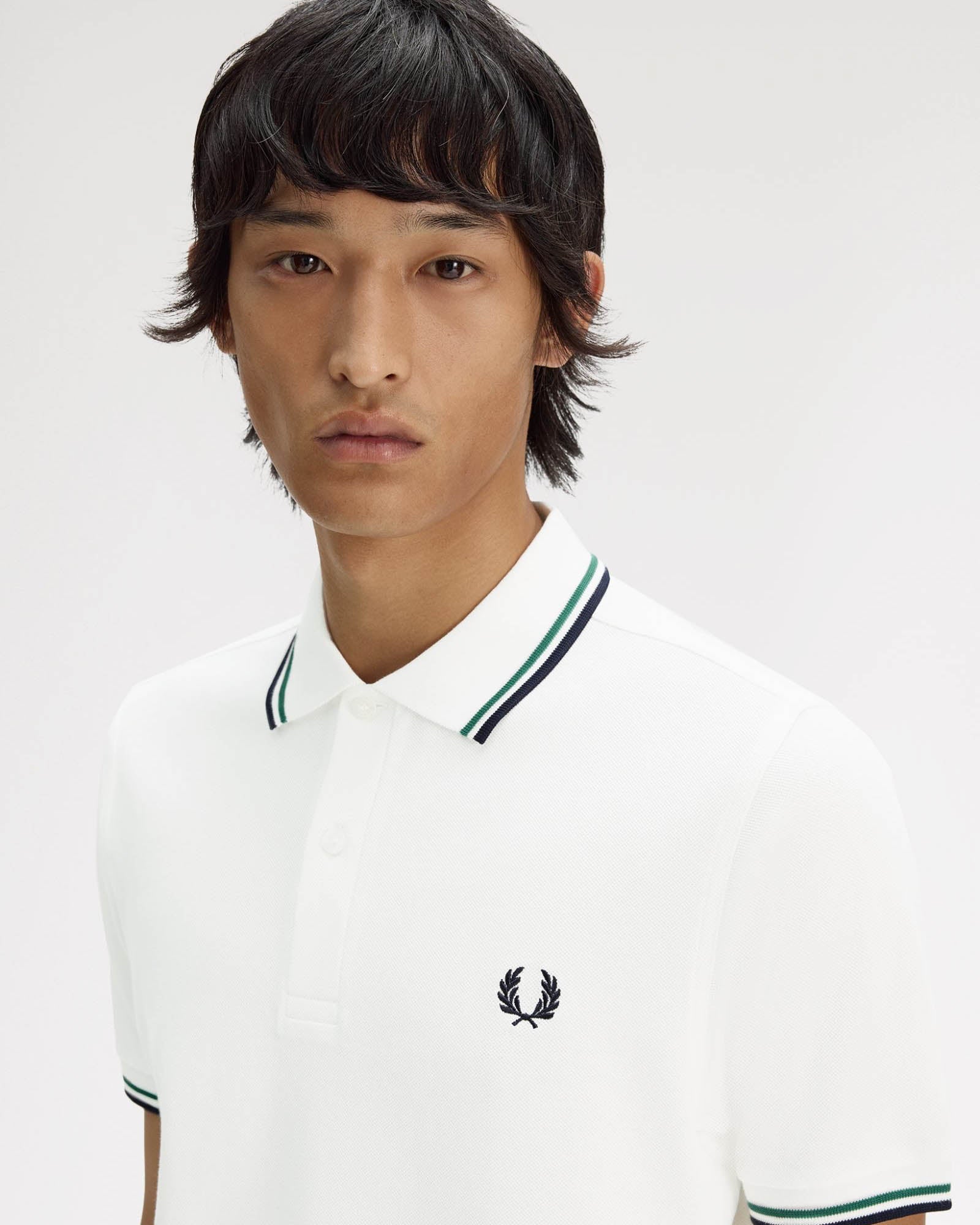 Fred Perry Mens Twin Tipped Signature Polo Shirt - Snow White/Sports Green/Navy 02C | CHO | Designer Mens Short Sleeve Polo Shirts