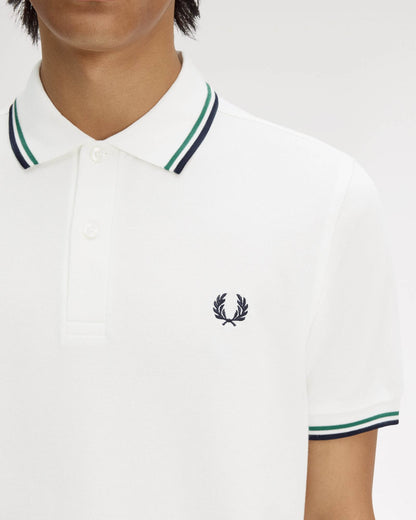Fred Perry Mens Twin Tipped Signature Polo Shirt - Snow White/Sports Green/Navy 02C | CHO | Designer Mens Short Sleeve Polo Shirts