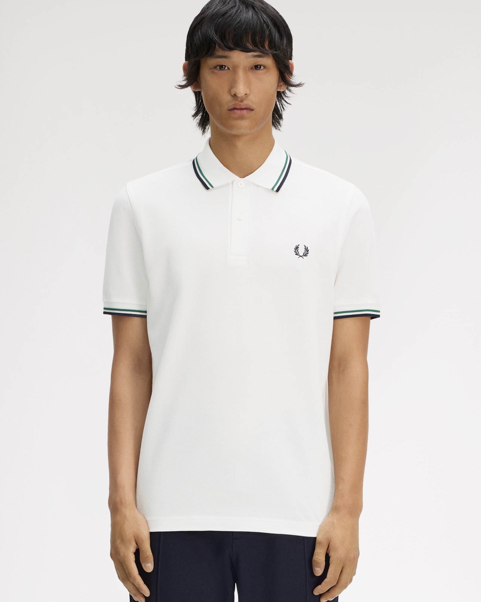 Fred Perry Mens Twin Tipped Signature Polo Shirt - Snow White/Sports Green/Navy 02C | CHO | Designer Mens Short Sleeve Polo Shirts