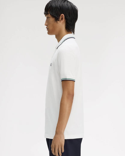 Fred Perry Mens Twin Tipped Signature Polo Shirt - Snow White/Sports Green/Navy 02C | CHO | Designer Mens Short Sleeve Polo Shirts