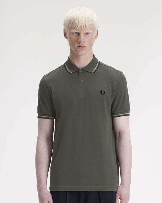 Fred Perry Mens Twin Tipped Signature Polo Shirt - Field Green/Seagrass/Black 04B