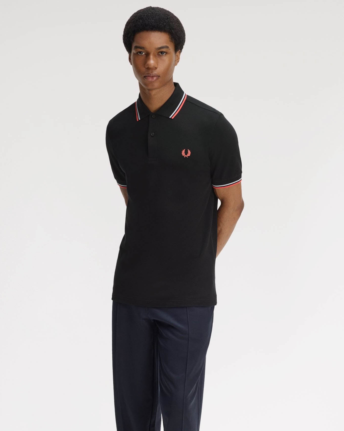 Fred Perry Mens Twin Tipped Signature Polo Shirt - Black/Dusky Blue/Strawberry Cream 05C | CHO | Designer Mens Short Sleeve Polo Shirts