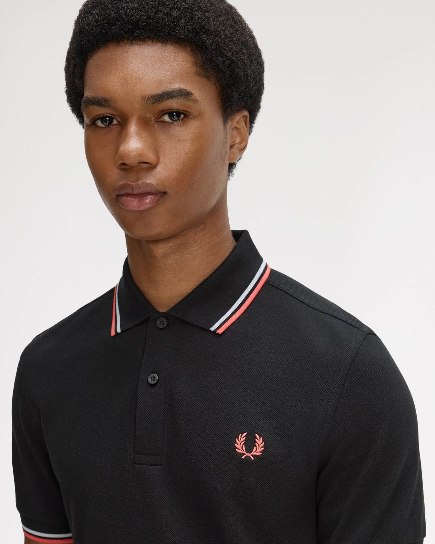 Fred Perry Mens Twin Tipped Signature Polo Shirt - Black/Dusky Blue/Strawberry Cream 05C | CHO | Designer Mens Short Sleeve Polo Shirts