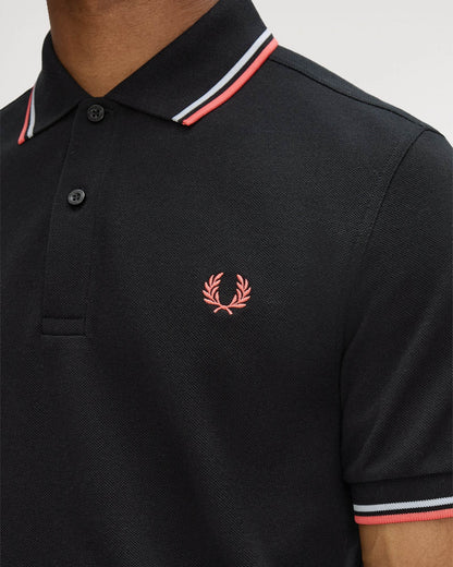 Fred Perry Mens Twin Tipped Signature Polo Shirt - Black/Dusky Blue/Strawberry Cream 05C | CHO | Designer Mens Short Sleeve Polo Shirts