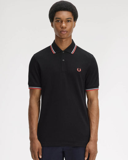 Fred Perry Mens Twin Tipped Signature Polo Shirt - Black/Dusky Blue/Strawberry Cream 05C | CHO | Designer Mens Short Sleeve Polo Shirts