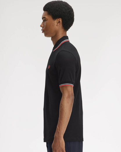 Fred Perry Mens Twin Tipped Signature Polo Shirt - Black/Dusky Blue/Strawberry Cream 05C | CHO | Designer Mens Short Sleeve Polo Shirts