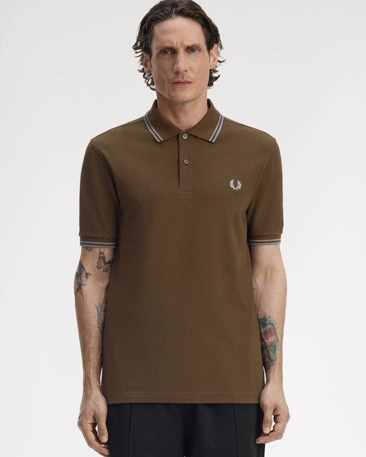 Fred Perry Mens Twin Tipped Signature Polo Shirt - Burnt Tobacco/Stockport Blue 49A